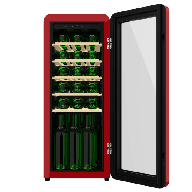 Cecotec Bolero GrandSommelier Origin 24 Hit Red Vinoteca De Diseño Retro Color Rojo Capacidad Para 24 Botellas Control Electrónico De Temperatura Mediante Display LED Rango Ajustable De 5 A 20ºC Tecnología NoFrost Estantes M
