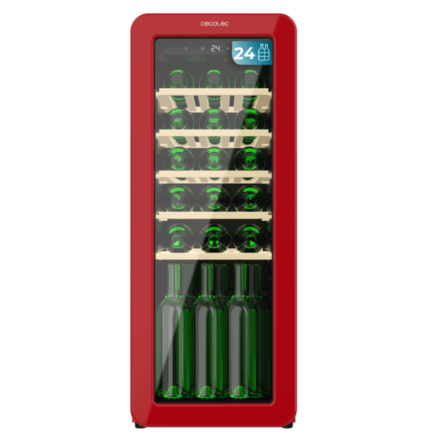 Cecotec Bolero GrandSommelier Origin 24 Hit Red Vinoteca de diseño retro color rojo Capacidad para 24 botellas Control electrónico de temperatura mediante display LED Rango ajustable de 5 a 20ºC Tecnología NoFrost Estantes m