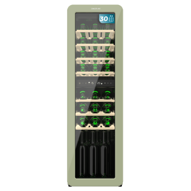 Cecotec Bolero GrandSommelier Origin Duo 30 Hit Green Vinoteca de diseño retro color verde con dos zonas de temperatura Capacidad para 30 botellas Control electrónico de temperatura mediante display LED Temperatura Zona 1 de 5