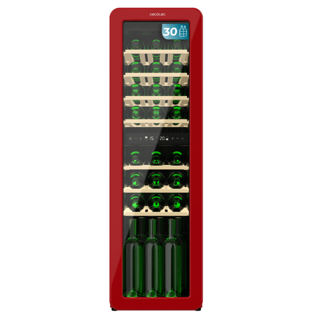 Cecotec Bolero GrandSommelier Origin Duo 30 Hit Red Vinoteca de diseño retro color rojo con dos zonas de temperatura Capacidad para 30 botellas Control electrónico de temperatura mediante display LED Temperatura Zona 1 de 5ºC