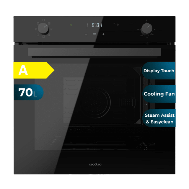 Cecotec Bolero Hexa M226001 Glass Black A Horno Integrable Multifunción M226001 Glass Black de 70L de capacidad 7 funciones Display Clase A 2800W Steam Base XXL Steam Assist Steam EasyClean Cooling Fan Modo Eco Modo Convección