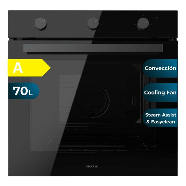 Cecotec Bolero Hexa M236000 Glass Black Time A Horno Integrable Multifunción M236000 Glass Black Time de 70L de capacidad 6 funciones Timer Clase A 2800W Steam Base XXL Steam Assist Steam EasyClean Cooling Fan Modo Defrost Modo