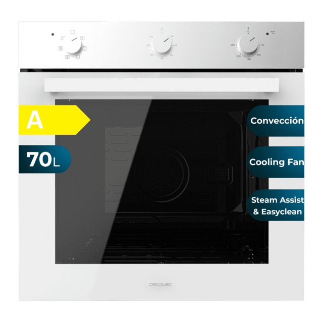 Cecotec Bolero Hexa M236000 Glass White Time A Horno Integrable Multifunción M236000 Glass White Time de 70L de capacidad 6 funciones Timer Clase A 2800W Steam Base XXL Steam Assist Steam EasyClean Cooling Fan Modo Defrost Modo