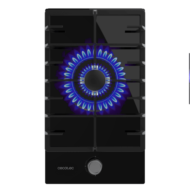 Cecotec Bolero Squad G 1200F Glass Black Placa De Gas 1 Fuego Acabado En Cristal Negro Parrilla Completa De Hierro Fundido Potencia De 3 5kW Quemador WOK Triple Corona Encendido Eléctrico Sistema De Seguridad De Las Válvulas P