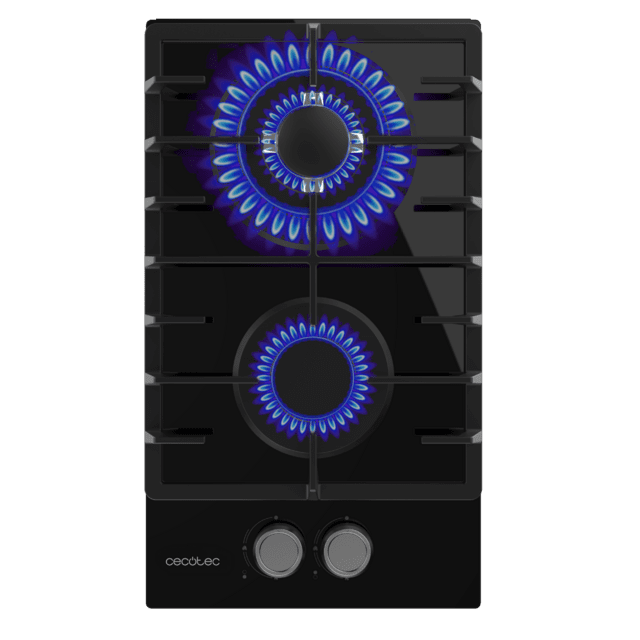 Cecotec Bolero Squad G 2200F Glass Black Placa De Gas 2 Fuegos Acabado En Cristal Negro Parrilla Completa De Hierro Fundido Potencia De 5 25kW Quemador WOK Triple Corona Encendido Eléctrico Sistema De Seguridad De Las Válvulas