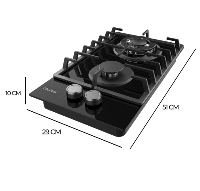 Cecotec Bolero Squad G 2200F Glass Black Placa De Gas 2 Fuegos Acabado En Cristal Negro Parrilla Completa De Hierro Fundido Potencia De 5 25kW Quemador WOK Triple Corona Encendido Eléctrico Sistema De Seguridad De Las Válvulas