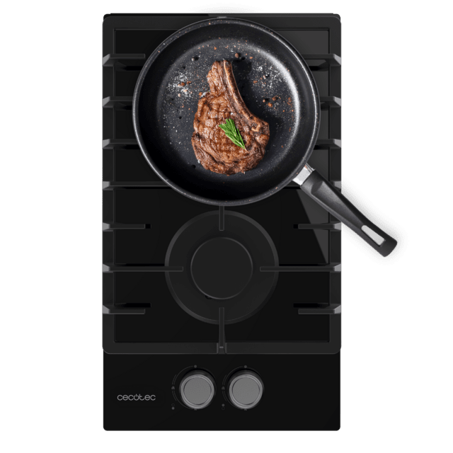Cecotec Bolero Squad G 2200F Glass Black Placa de gas 2 fuegos acabado en cristal negro parrilla completa de hierro fundido potencia de 5 25kW quemador WOK triple corona encendido eléctrico sistema de seguridad de las válvulas