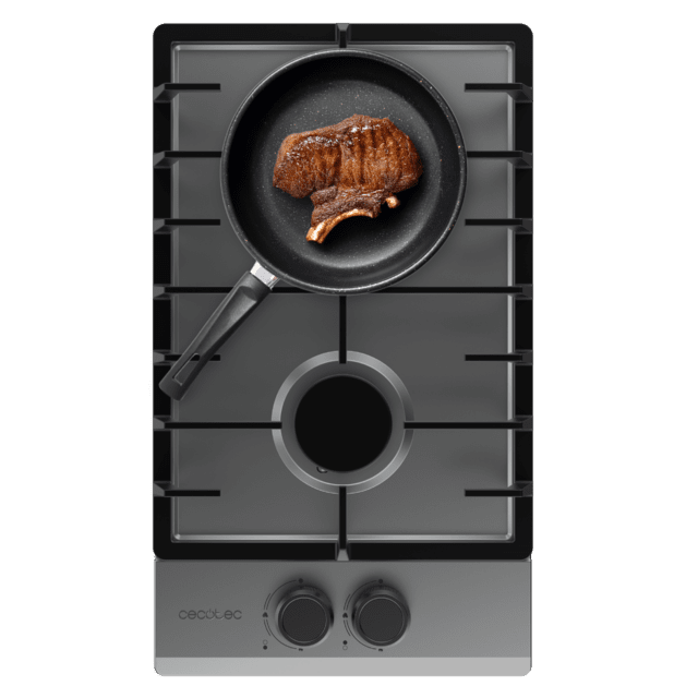 Cecotec Bolero Squad G 2200F Inox Placa de gas 2 fuegos acabado en acero inoxidable parrilla completa de hierro fundido potencia de 5 25kW quemador WOK triple corona encendido eléctrico sistema de seguridad de las válvulas par