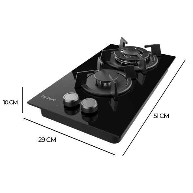 Cecotec Bolero Squad G 2200S Glass Black Placa De Gas 2 Fuegos Acabado En Cristal Negro Parrillas Individuales De Hierro Fundido Potencia De 5 25kW Quemador WOK Triple Corona Encendido Eléctrico Sistema De Seguridad De Las Vál