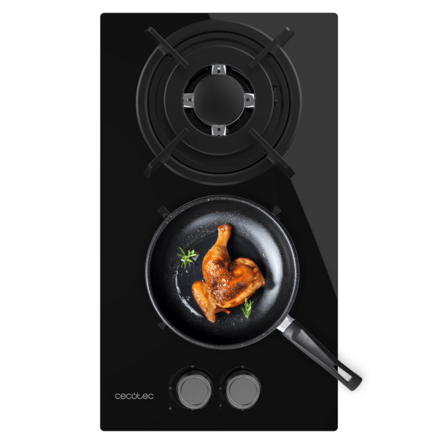 Cecotec Bolero Squad G 2200S Glass Black Placa de gas 2 fuegos acabado en cristal negro parrillas individuales de hierro fundido potencia de 5 25kW quemador WOK triple corona encendido eléctrico sistema de seguridad de las vál