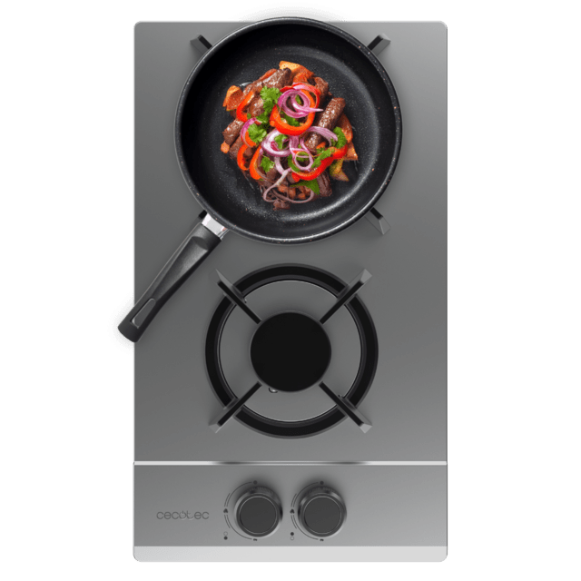 Cecotec Bolero Squad G 2200S Inox Placa de gas 2 fuegos acabado en acero inoxidable parrillas individuales de hierro fundido potencia de 5 25kW quemador WOK triple corona encendido eléctrico sistema de seguridad de las válvula