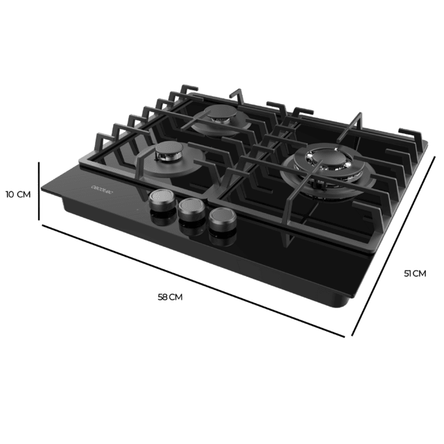 Cecotec Bolero Squad G 3200F Glass Black Placa De Gas 3 Fuegos Acabado En Cristal Negro Parrillas Completas De Hierro Fundido Potencia De 6 25kW Quemador WOK Triple Corona Encendido Eléctrico Sistema De Seguridad De Las Válvul