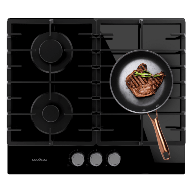 Cecotec Bolero Squad G 3200F Glass Black Placa de gas 3 fuegos acabado en cristal negro parrillas completas de hierro fundido potencia de 6 25kW quemador WOK triple corona encendido eléctrico sistema de seguridad de las válvul