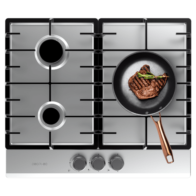 Cecotec Bolero Squad G 3200F Inox Placa de gas 3 fuegos acabado en acero inoxidable parrillas completas de hierro fundido potencia de 6 25kW quemador WOK triple corona encendido eléctrico sistema de seguridad de las válvulas p