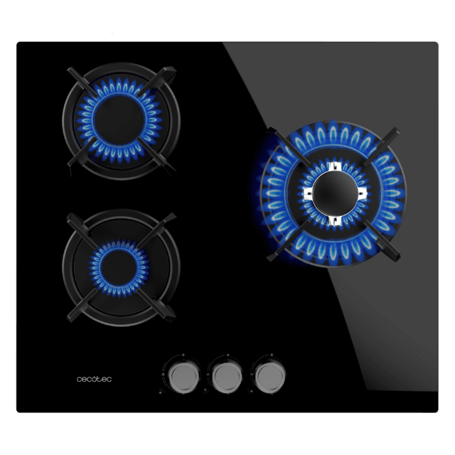 Cecotec Bolero Squad G 3200S Glass Black Placa De Gas 3 Fuegos Acabado En Cristal Negro Parrillas Individuales De Hierro Fundido Potencia De 6 25kW Quemador WOK Triple Corona Encendido Eléctrico Sistema De Seguridad De Las Vál