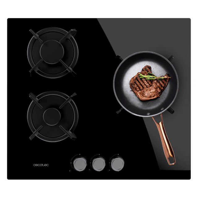 Cecotec Bolero Squad G 3200S Glass Black Placa de gas 3 fuegos acabado en cristal negro parrillas individuales de hierro fundido potencia de 6 25kW quemador WOK triple corona encendido eléctrico sistema de seguridad de las vál