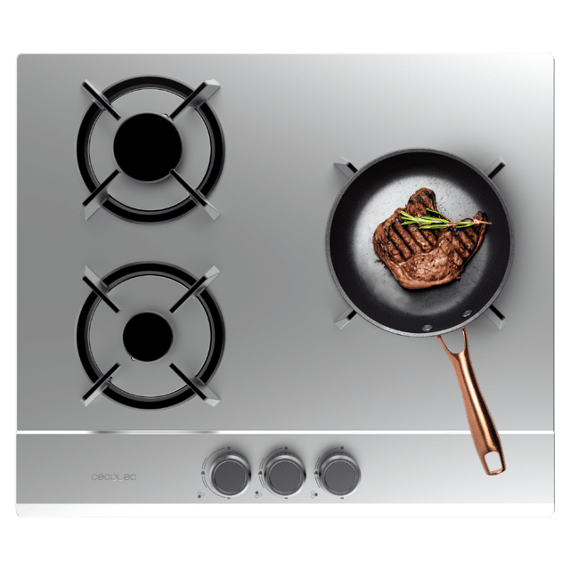 Cecotec Bolero Squad G 3200S Inox Placa de gas 3 fuegos acabado en acero inoxidable parrillas individuales de hierro fundido potencia de 6 25kW quemador WOK triple corona encendido eléctrico sistema de seguridad de las válvula