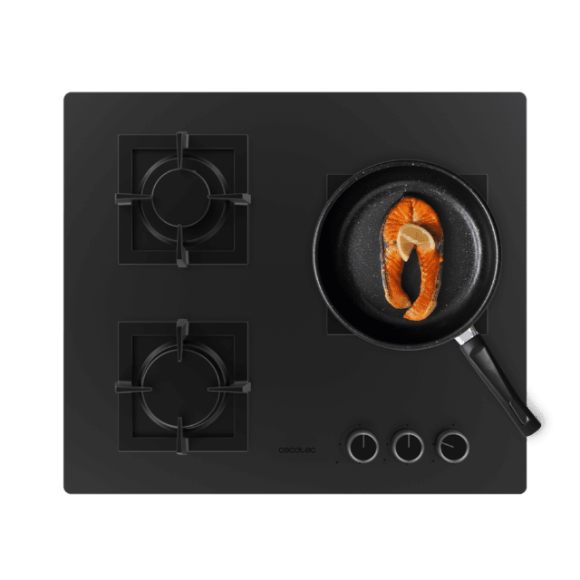 Cecotec Bolero Squad G 3800S Eternal Nano Glass Placa de gas 3 fuegos acabado en cristal negro mate parrillas individuales de hierro fundido potencia de 10 35kW quemador Eternal encendido eléctrico sistema de seguridad de las v