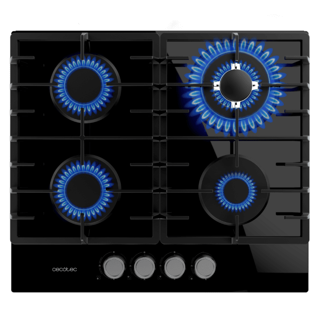 Cecotec Bolero Squad G 4200F Glass Black Placa De Gas 4 Fuegos Acabado En Cristal Negro Parrillas Completas De Hierro Fundido Potencia De 8kW Quemador WOK Triple Corona Encendido Eléctrico Sistema De Seguridad De Las Válvulas