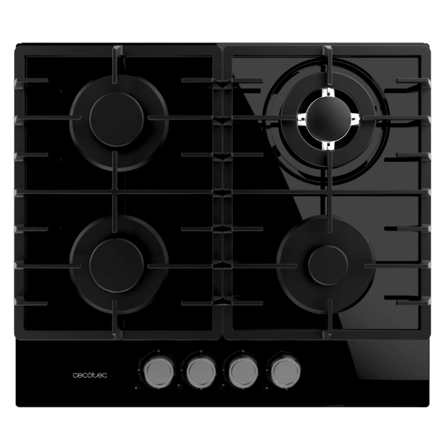 Cecotec Bolero Squad G 4200F Glass Black Placa De Gas 4 Fuegos Acabado En Cristal Negro Parrillas Completas De Hierro Fundido Potencia De 8kW Quemador WOK Triple Corona Encendido Eléctrico Sistema De Seguridad De Las Válvulas
