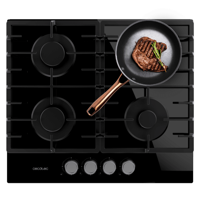 Cecotec Bolero Squad G 4200F Glass Black Placa de gas 4 fuegos acabado en cristal negro parrillas completas de hierro fundido potencia de 8kW quemador WOK triple corona encendido eléctrico sistema de seguridad de las válvulas