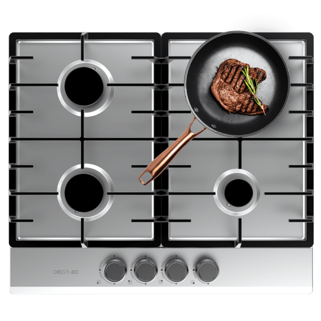 Cecotec Bolero Squad G 4200F Inox Placa de gas 4 fuegos acabado en acero inoxidable parrillas completas de hierro fundido potencia de 8kW quemador WOK triple corona encendido eléctrico sistema de seguridad de las válvulas para