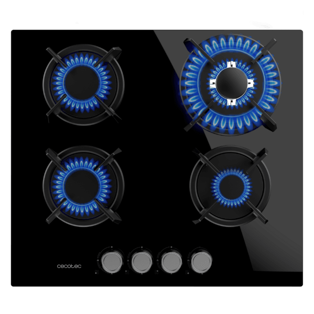 Cecotec Bolero Squad G 4200S Glass Black Placa De Gas 4 Fuegos Acabado En Cristal Negro Parrillas Individuales De Hierro Fundido Potencia De 8kW Quemador WOK Triple Corona Encendido Eléctrico Sistema De Seguridad De Las Válvul