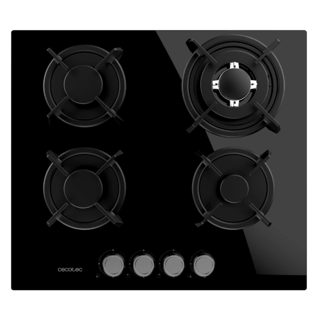 Cecotec Bolero Squad G 4200S Glass Black Placa De Gas 4 Fuegos Acabado En Cristal Negro Parrillas Individuales De Hierro Fundido Potencia De 8kW Quemador WOK Triple Corona Encendido Eléctrico Sistema De Seguridad De Las Válvul