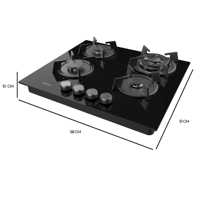 Cecotec Bolero Squad G 4200S Glass Black Placa De Gas 4 Fuegos Acabado En Cristal Negro Parrillas Individuales De Hierro Fundido Potencia De 8kW Quemador WOK Triple Corona Encendido Eléctrico Sistema De Seguridad De Las Válvul