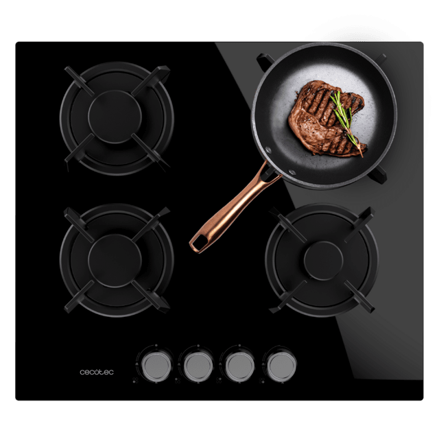 Cecotec Bolero Squad G 4200S Glass Black Placa de gas 4 fuegos acabado en cristal negro parrillas individuales de hierro fundido potencia de 8kW quemador WOK triple corona encendido eléctrico sistema de seguridad de las válvul