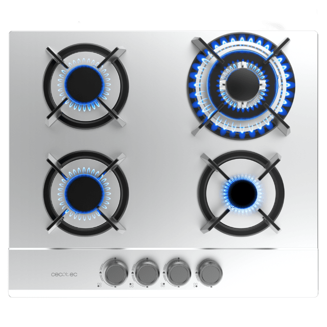 Cecotec Bolero Squad G 4200S Inox Placa De Gas 4 Fuegos Acabado En Acero Inoxidable Parrillas Individuales De Hierro Fundido Potencia De 8kW Quemador WOK Triple Corona Encendido Eléctrico Sistema De Seguridad De Las Válvulas P