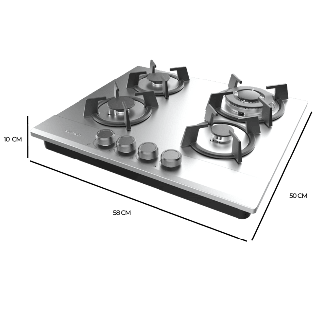 Cecotec Bolero Squad G 4200S Inox Placa De Gas 4 Fuegos Acabado En Acero Inoxidable Parrillas Individuales De Hierro Fundido Potencia De 8kW Quemador WOK Triple Corona Encendido Eléctrico Sistema De Seguridad De Las Válvulas P