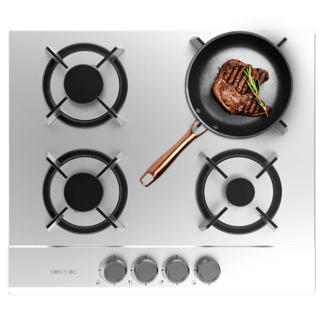 Cecotec Bolero Squad G 4200S Inox Placa de gas 4 fuegos acabado en acero inoxidable parrillas individuales de hierro fundido potencia de 8kW quemador WOK triple corona encendido eléctrico sistema de seguridad de las válvulas p