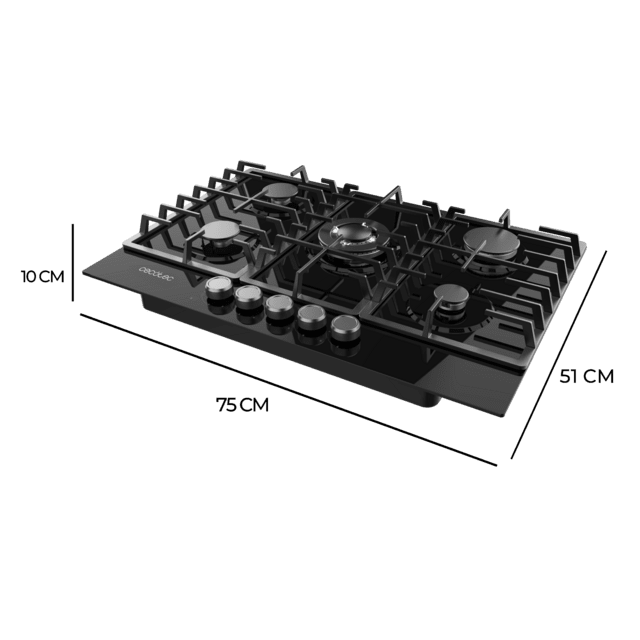 Cecotec Bolero Squad G 5200F Glass Black Placa De Gas 5 Fuegos Acabado En Cristal Negro Parrillas Completas De Hierro Fundido Potencia De 11kW Quemador WOK Triple Corona Encendido Eléctrico Sistema De Seguridad De Las Válvulas