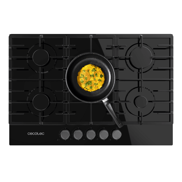 Cecotec Bolero Squad G 5200F Glass Black Placa de gas 5 fuegos acabado en cristal negro parrillas completas de hierro fundido potencia de 11kW quemador WOK triple corona encendido eléctrico sistema de seguridad de las válvulas