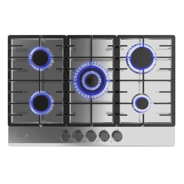 Cecotec Bolero Squad G 5200F Inox Placa De Gas 5 Fuegos Acabado En Acero Inoxidable Parrillas Completas De Hierro Fundido Potencia De 11kW Quemador WOK Triple Corona Encendido Eléctrico Sistema De Seguridad De Las Válvulas Par
