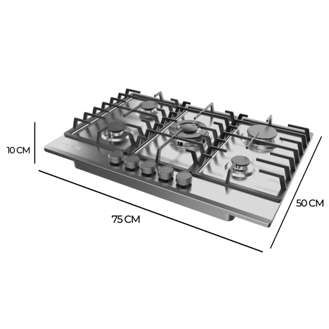 Cecotec Bolero Squad G 5200F Inox Placa De Gas 5 Fuegos Acabado En Acero Inoxidable Parrillas Completas De Hierro Fundido Potencia De 11kW Quemador WOK Triple Corona Encendido Eléctrico Sistema De Seguridad De Las Válvulas Par