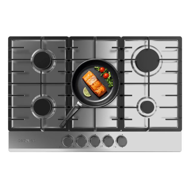 Cecotec Bolero Squad G 5200F Inox Placa de gas 5 fuegos acabado en acero inoxidable parrillas completas de hierro fundido potencia de 11kW quemador WOK triple corona encendido eléctrico sistema de seguridad de las válvulas par