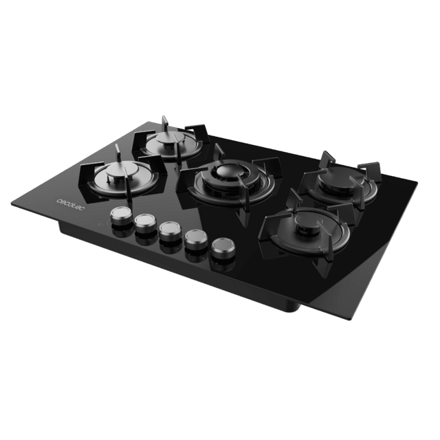 Cecotec Bolero Squad G 5200S Glass Black Placa De Gas 5 Fuegos Acabado En Cristal Negro Parrillas Individuales De Hierro Fundido Potencia De 11kW Quemador WOK Triple Corona Encendido Eléctrico Sistema De Seguridad De Las Válvu