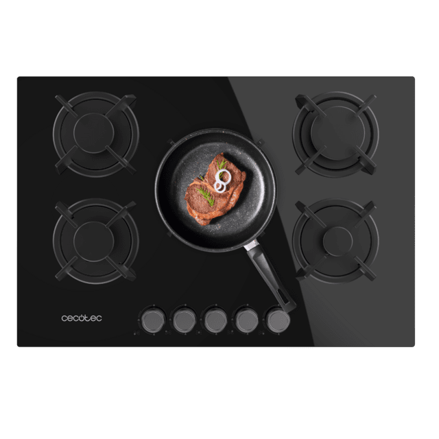 Cecotec Bolero Squad G 5200S Glass Black Placa de gas 5 fuegos acabado en cristal negro parrillas individuales de hierro fundido potencia de 11kW quemador WOK triple corona encendido eléctrico sistema de seguridad de las válvu