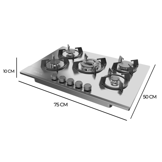 Cecotec Bolero Squad G 5200S Inox Placa De Gas 5 Fuegos Acabado En Acero Inoxidable Parrillas Individuales De Hierro Fundido Potencia De 11kW Quemador WOK Triple Corona Encendido Eléctrico Sistema De Seguridad De Las Válvulas