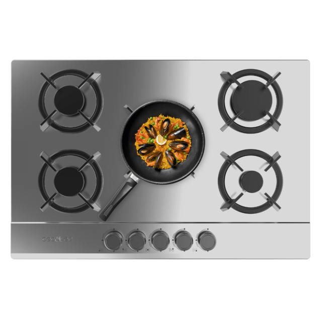 Cecotec Bolero Squad G 5200S Inox Placa de gas 5 fuegos acabado en acero inoxidable parrillas individuales de hierro fundido potencia de 11kW quemador WOK triple corona encendido eléctrico sistema de seguridad de las válvulas