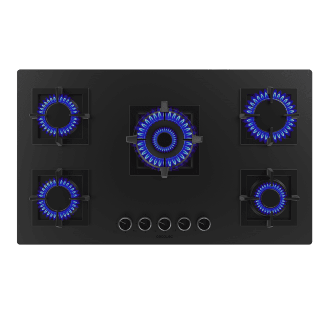 Cecotec Bolero Squad G 5800S Eternal Nano Glass Placa De Gas 5 Fuegos Acabado En Cristal Negro Mate Parrillas Individuales De Hierro Fundido Potencia De 13 1kW Quemador Eternal Con Soporte WOK Encendido Eléctrico Sistema De Seg