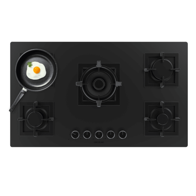 Cecotec Bolero Squad G 5800S Eternal Nano Glass Placa de gas 5 fuegos acabado en cristal negro mate parrillas individuales de hierro fundido potencia de 13 1kW quemador eternal con soporte WOK encendido eléctrico sistema de seg