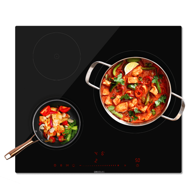 Cecotec Bolero Squad I 3300 Placa de inducción de 3 fuegos de 30 cm el grande con 7400 W 9 niveles frontal biselado invisible touch slider control detector de recipientes mantenimiento de calor Kid Lock. Placa de inducción