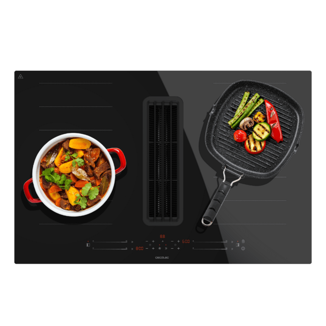 Cecotec Bolero Squad IH 4800 FullFlex80 Placa de inducción de 2 zonas FullFlex con campana extractora integrada potencia máx. de 7400W 15 niveles con función Booster Temporizador Indicador residual de calor Kid Lock Apagado d