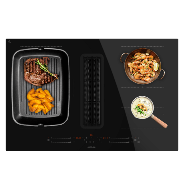 Cecotec Bolero Squad IH 4800 TotalFlex80 Placa de inducción de 2 zonas TotalFlex con campana extractora integrada potencia máx. de 7400W 15 niveles con función Booster Temporizador Indicador residual de calor Kid Lock Apagado