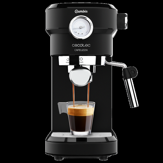 Cecotec Cafelizzia 790 Black Pro - Cafetera para Espressos y Cappuccino con Manometro 1350 W Sistema Thermoblock 20 Bares Modo Auto para 1-2 Cafés Vaporizador Orientable 1.1L Negro Cafetera espresso  