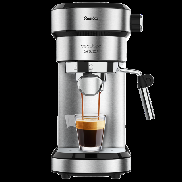 Cecotec Cafelizzia 790 Steel Cafetera Express para espressos y cappuccinos Brazo portafiltros con Doble Salida y Dos filtros 20 Bares de Presión Depósito extraíble de 1 2L 1350W Acero Cafetera espresso  