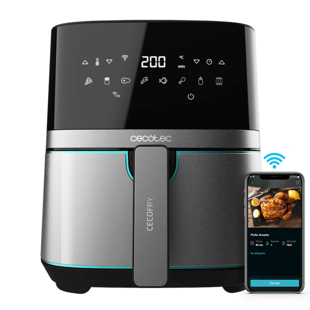 Cecotec Cecofry Full Inox 5500 Connected Freidora sin aceite airfryer con área de cocinado de 5 5 L acabados en acero inoxidable y APP. Freidora sin aceite airfryer con APP y WiFI